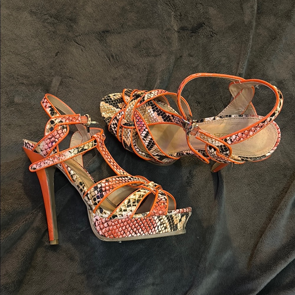 Women's Strappy Snake Print Heels - Orange and Black